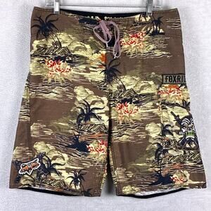 Fox Racing Hawaiian Board Shorts Mens 34 Brown Tiki Hula Girls Guns Embroidered